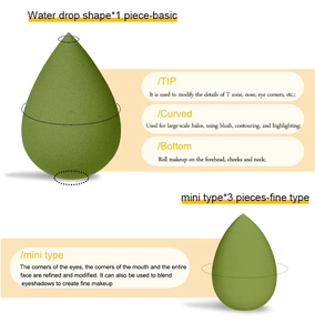 Détail de différentes tailles d'éponges maquillage vert olive pour application précise