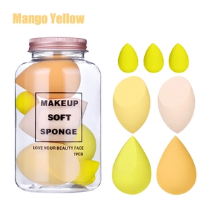 Lot de 7 éponges à maquillage jaune mangue de formes variées avec bocal de rangement