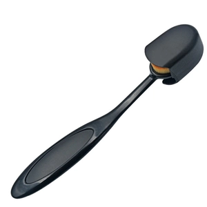Professional black oval foundation brush with ergonomic long handle and protective cover