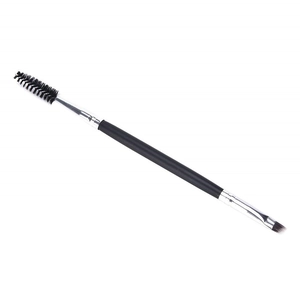 Dual-ended eyebrow brush with angled bristle and spoolie on black matte handle