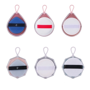 6-piece set of wet and dry makeup puffs in teardrop and hexagonal cases with hanging loops