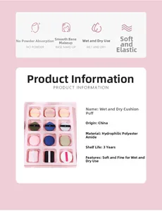 Detail showing various shapes of non-latex air cushion puffs for wet and dry makeup use