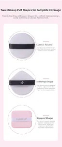 Macro detail of round, teardrop, and square makeup puffs with fine texture and ribbon straps
