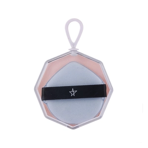 Light blue cosmetic air cushion puff set in a hexagonal transparent storage case with ring