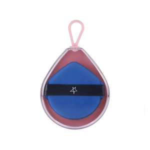 Blue cushion puff with star ribbon in a drop-shaped clear case and pink silicone loop