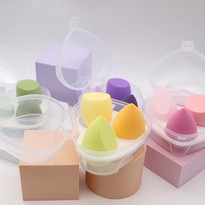 Multi-colored non-latex makeup sponge set with heart-shaped storage box in soft pastel tones