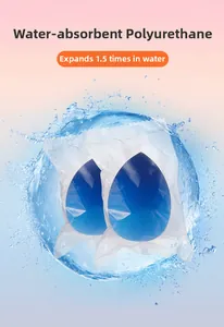 Blue teardrop makeup sponges in packaging showing 1.5x expansion when wet
