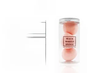 Detail view showing 3-pack peach makeup sponges in a plastic jar with dimension specs