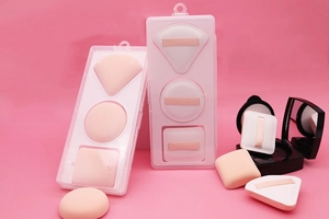 Three shapes of Rubycell marshmallow makeup puffs with a portable clear storage case