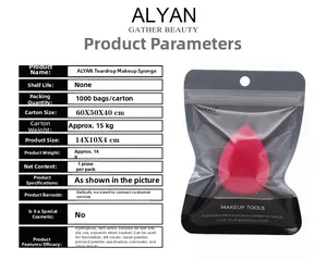 Detail view of rose red teardrop makeup sponge in a resealable pouch with specifications