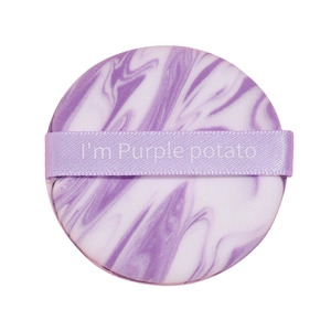 Round marble-patterned makeup cushion puff with purple potato printed ribbon strap