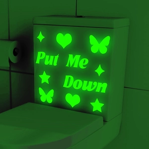 Luminous green glow toilet stickers set with butterfly and Put Me Down lettering
