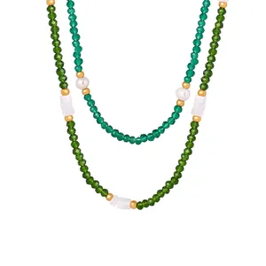 Emerald Natural Stone Beaded Necklace Freshwater Pearl White Jade Titanium Steel Handcrafted Jewelry For Women Elegant