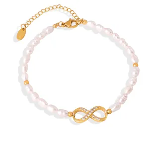 Bracelet Perles D Eau Douce Acier Inoxydable Plaqué Or Symbole Infini Zircon Incrusté Bijoux Réglables Pour Femmes