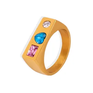 Colorful Gemstone Ring Titanium Steel Heart Square Round Cubic Zirconia Geometric Gold Plated Jewelry For Women