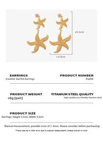 Detailed size chart showing creative golden starfish drop earrings dimensions and 8g weight