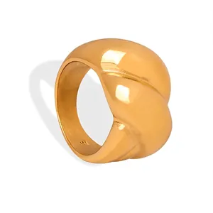 French Vintage Twisted Croissant Ring Stainless Steel 18K Gold Plated Ribbed Chunky Dome Band For Women Non-Tarnish