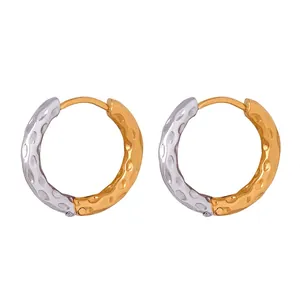 Créoles Bicolores Textur Martelée Boucles D'oreilles En Forme De U Géométriques En Acier Titane Pour Femmes Filles