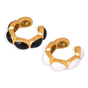 Boucles D'oreilles Créoles Vintage Françaises Acier Titane Plaqué Or 18K Émail Géométrique Forme C Bijoux Élégants Pour Femmes