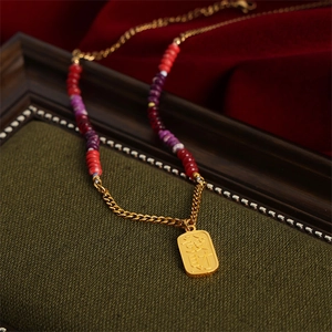 Fortune God pendant necklace with natural agate beads and gold stainless steel chain