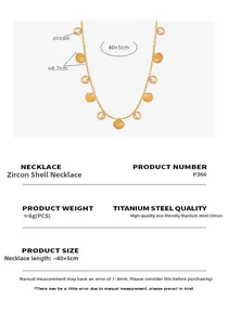 Detailed dimension chart for gold titanium shell pendant necklace with zircon accents