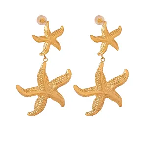 Starfish Drop Earrings Titanium Steel 18K Gold Plated Granular Texture Ocean Resort Style Fashion Jewelry For Women