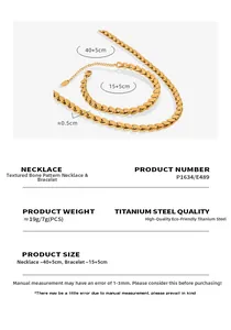 Detail view of gold titanium steel bone chain necklace and bracelet set with dimensions