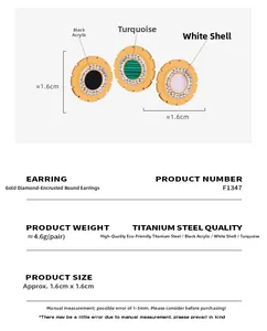Detailed size chart for gold titanium earrings with turquoise and white shell inlays