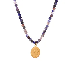Natural Stone Beaded Necklace With Gold Plated Virgin Mary Oval Relief Pendant Religious Retro Jewelry For Women