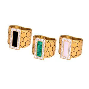 Wide Band Ring Titanium Steel Gold Plated Honeycomb Hexagon Texture Geometric Shell Turquoise Rhinestone Women Fashion