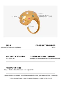 Détails de la bague goutte d'or avec diamants tchèques colorés et dimensions
