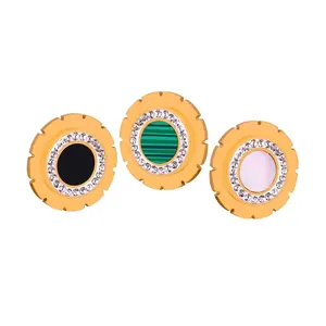 Round Stud Earrings Titanium Steel With Colorful Shell And Rhinestone Border Luxury Geometric Jewelry For Women