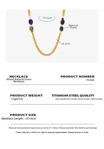 Detailed spec sheet for a gold titanium steel necklace with multi-color natural stones