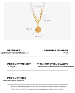 Size chart showing pendant dimensions and pearl necklace length in gold plated titanium