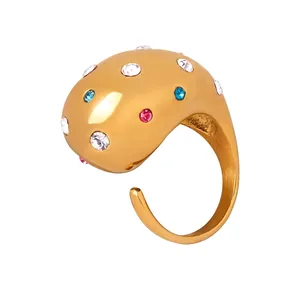 Bague Dôme Goutte Eau Acier Titane Plaqué Or 18K Micro Pave Strass Colorés Bijoux De Mode Pour Femmes