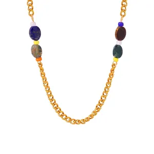 Retro Gold Titanium Steel Curb Chain Necklace With Mixed Multi Color Natural Stone Beads Bohemian Clavicle Chain