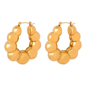 Boucles D'oreilles Créoles Chunky Bubble Pour Femmes En Acier Titane Plaqué Or Minimaliste Poli Moderne
