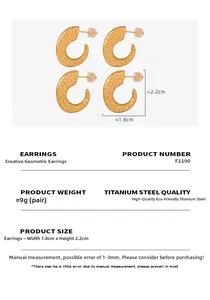 Detailed size specifications for gold titanium steel earrings with honeycomb mesh texture