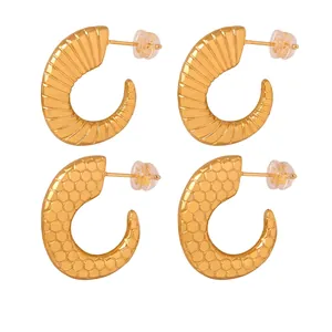 C Shaped Hoop Earrings Geometric Textured Titanium Stainless Steel Striped Mesh Design Fashionable Commuter Jewelry For Women
