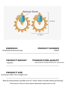 Detailed spec sheet showing blue natural stone sunburst earrings in 18k gold plated steel