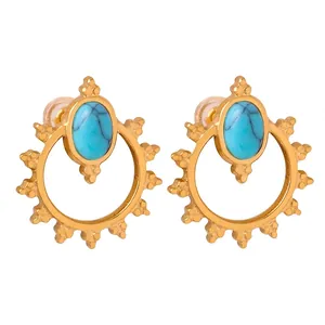 Bohemian Sun Radiant Stud Earrings Gold Plated Stainless Steel With Oval Turquoise Stone Retro Vintage Style For Women