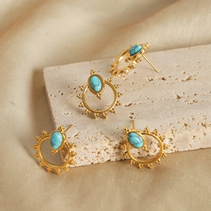 Bohemian sun design gold titanium steel earrings with inlaid natural turquoise stone
