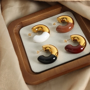 18K gold plated C-shaped enamel earrings in white, brown, red, and black colors