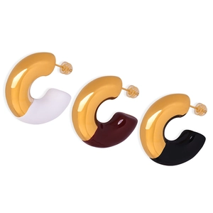 Polished 18k gold plated chunky C-shaped hoop earrings with colorful enamel accents