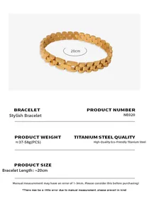 Macro detail of gold titanium steel watch band link bracelet with size specifications
