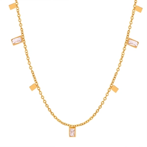 Collar minimalista de titanio dorado con pequeños colgantes rectangulares y circonitas