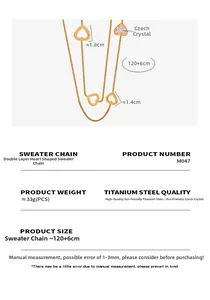 Detailed size chart of double layer heart pendant sweater necklace in gold titanium steel
