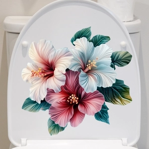 Floral toilet lid stickers with hibiscus flower decals and green leaves for decoration