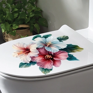Self-adhesive floral toilet lid sticker featuring colorful hibiscus flowers and green leaves