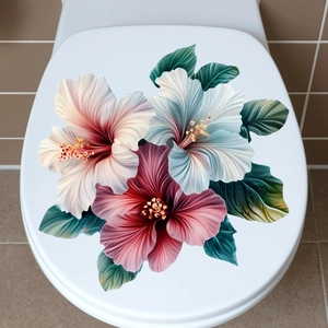 Floral Toilet Lid Sticker Waterproof PVC Self Adhesive Hibiscus Flower Wall Decal For Bathroom Home Bedroom Decoration